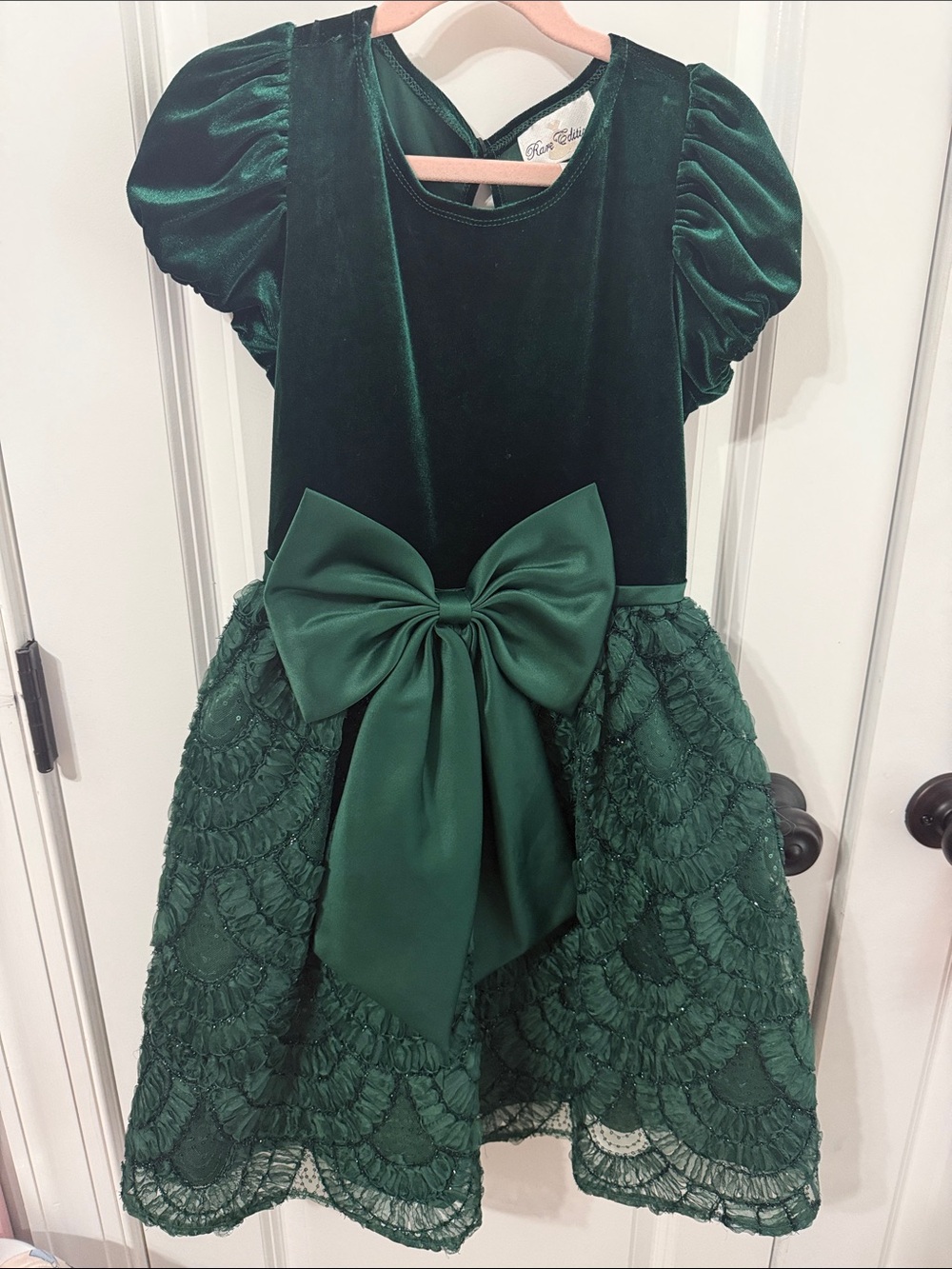 Rare Editions Dark Green Velvet & Lace Dress with Satin Bow